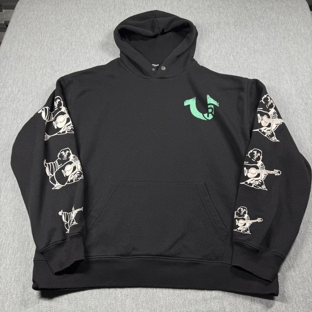 True Religion Hoodie Men XL Black Buddha Horseshoe Graphic Print Sweatshirt
